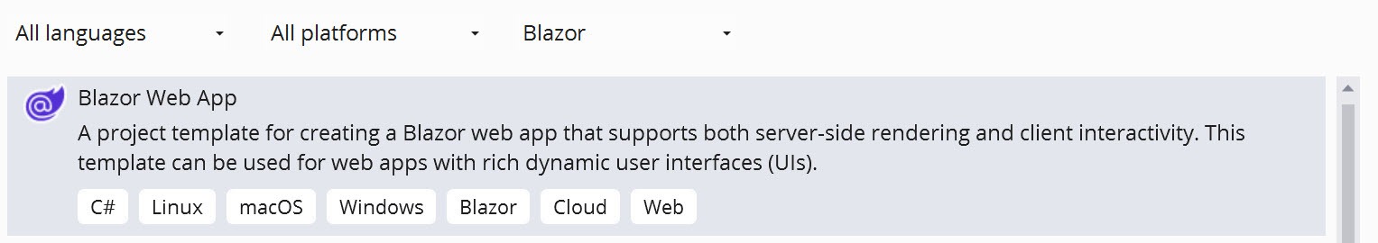 Blazor Web App template selection