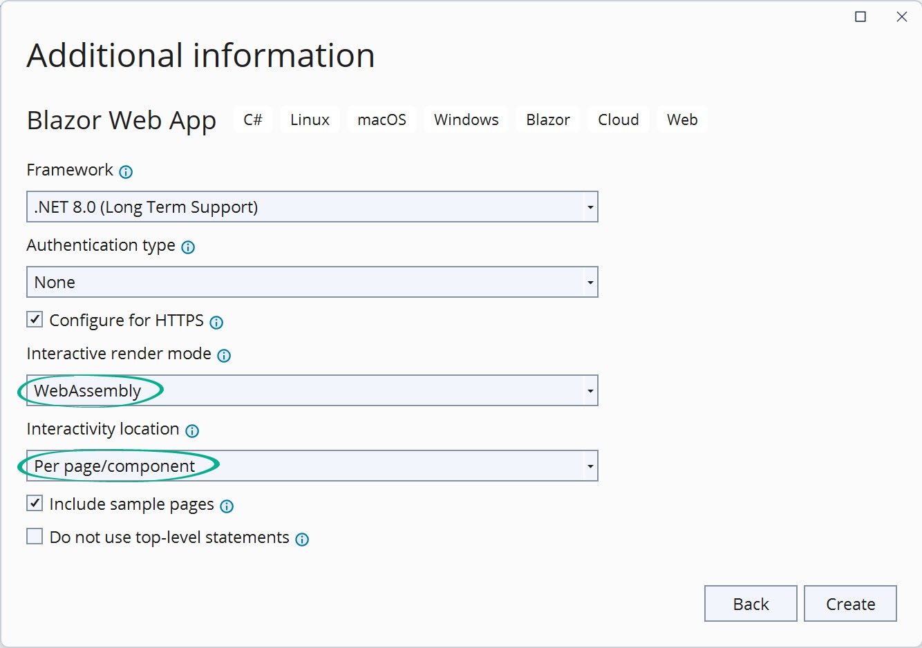  A Blazor interactive WebAssembly configuration. Authentication type: none, Interactive render mode: WebAssembly, Interactivity location: per page/component, and Include sample pages is selected