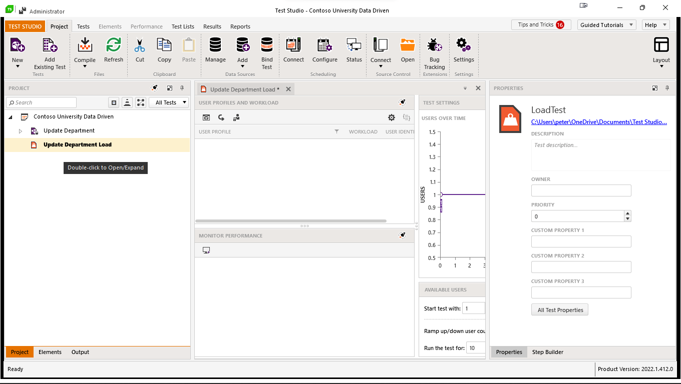 The Test Studio main screen, roughly divided into three columns. The Project window on the left shows two tests – the one called Update Department Load is highlighted. On the right a pane labeled LoadTest with textboxes for holding information about the test (e.g., Owner, Priority) covers some panes below it.