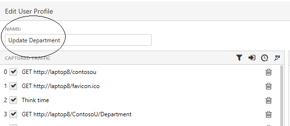 The upper left corner of the Edit User Profile dialog box containing a textbox labeled name. The textbox contains the text Update Department. The textbox and its label are circled. Below the name textbox is a list of steps numbered 0 to 3 (the list has been cut off after step 3). The first three entries in the list are “GET” followed up a URL for a site’s web page, “GET” followed by the URL for a graphic on the page, and an entry labeled “Think time.”