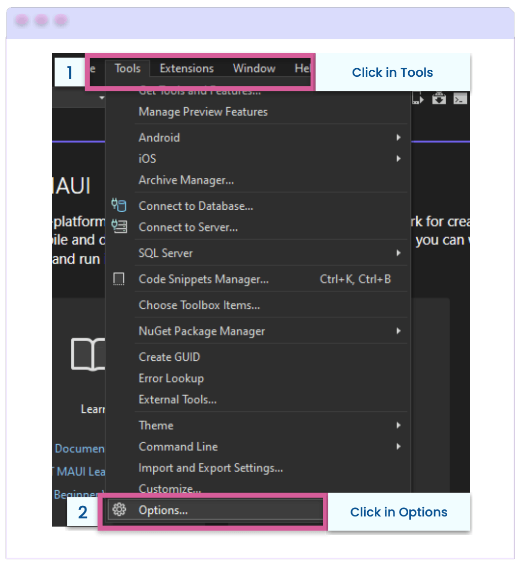 1. Click in Tools , 2. Click in Options