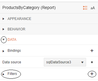The top part of the panel on the right of the designer that’s displayed when the user selects the top line in the Explorer tab. The dropdown arrow to the left of the Data section has been circled and the section is expanded to reveal the Filter property (which is also circled). At the right end of the filter property is a plus sign which is also circled.
