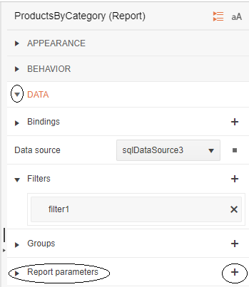 The top part of the panel on the right side of the designer. The dropdown arrow beside the Data section has been circled and the section expanded. Further down, the Report Parameters property has been circled. On the right of the property is a plus sign which is also circled.
